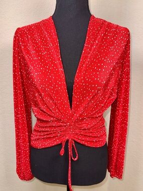 Maje Red Polka Dot Ruched Plissé Top Size 3 =US L
